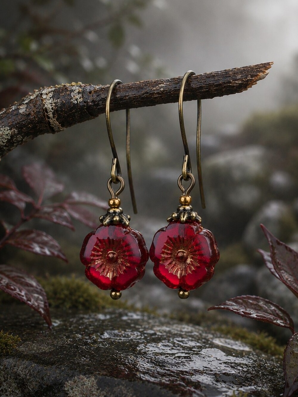 Ruby Red Czech Glass Flower Earrings Antiqued Brass Hand Crafted